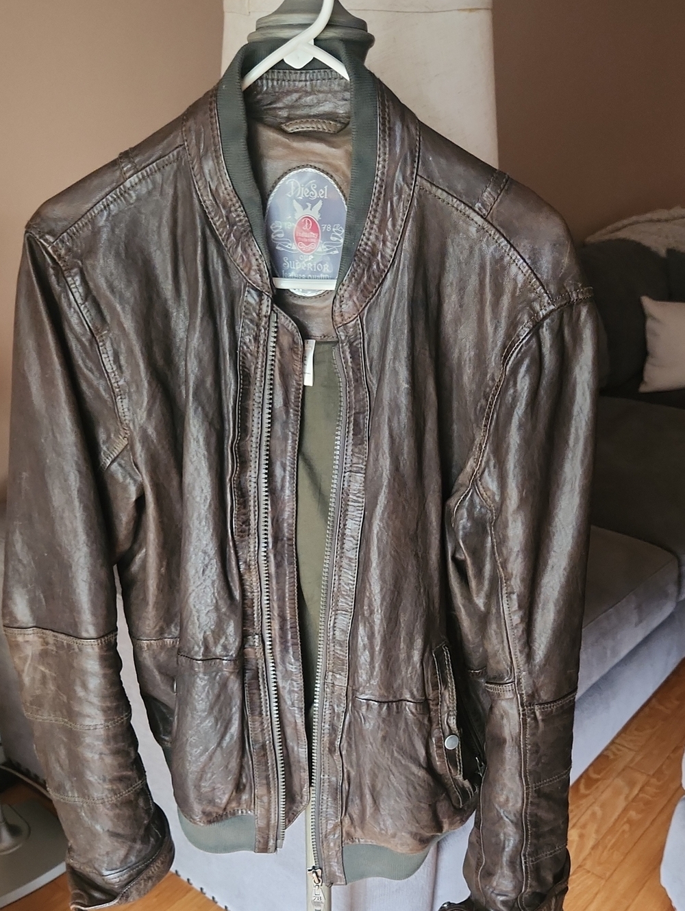 Diesel Brown Leather Bomber Jacket with Olive Trim